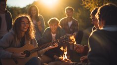 Jugendliche mit Gitarren am Lagerfeuer (generiert mit KI)