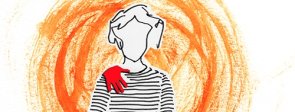 Grafik zeigt eine Frau mit einer roten Hand auf der Schulter. Das Rot sticht hervor uns symbolisiert Gewalt.
