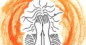 Die Grafik zeigt den Kopf einer Frau, die sich die Hände vor das Gesicht hält. Verzweifelte, hilfesuchende Frau.