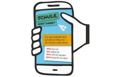 Hand hält Smartphone mit Text 'Schule, was dann?'