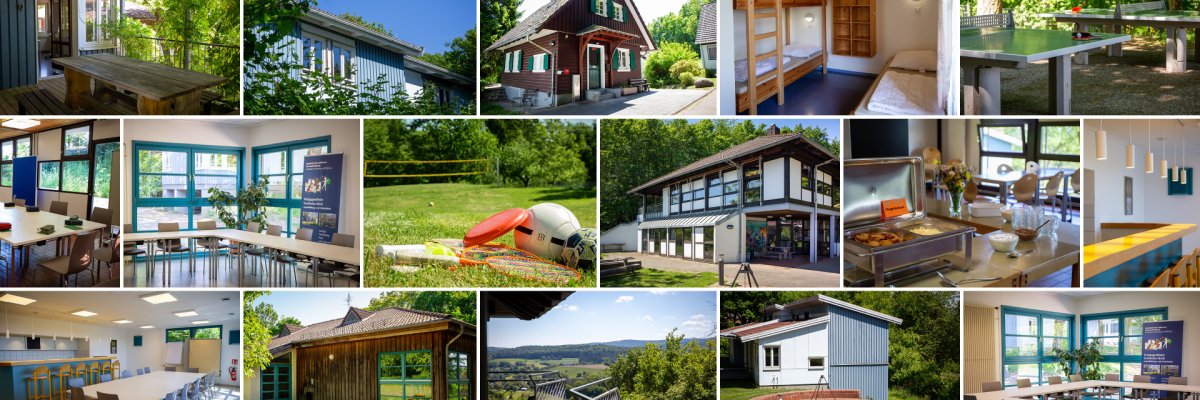 Collage mit Außen- und Innenansichten des Kreisjugendheims: Garten mit Tischtennisplatte, Wohn- und Essbereiche, Schlafzimmer mit Etagenbetten, Terrasse, Blick auf Landschaft und Wald.
