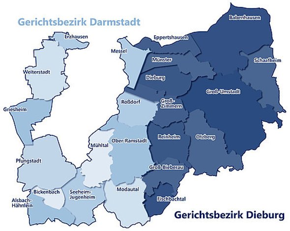 Bildliche Darstellung der Gerichtsbezirke Darmstadt und Dieburg.