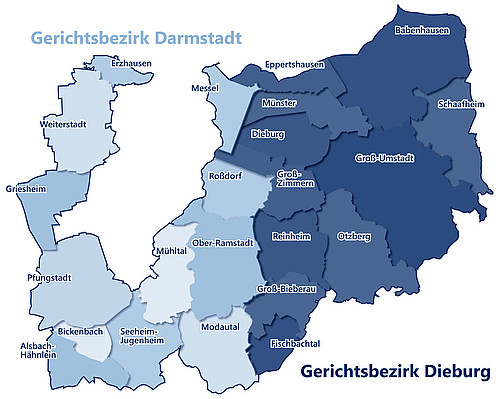 Zum Gerichtsbezirk Darmstadt gehören die Orte Alsbach-Hähnlein, Bickenbach, Erzhausen, Griesheim, Messel, Modautal, Mühltal, Ober-Ramstadt, Pfungstadt, Roßdorf, Seeheim-Jugenheim und Weiterstadt. Zum Gerichtsbezirk Dieburg gehören die Orte Babenhausen, Dieburg, Eppertshausen, Fischbachtal, Groß-Bieberau, Groß-Umstadt, Groß-Zimmern, Münster, Otzberg, Reinheim und Schaafheim.