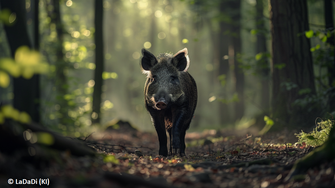 ein Wildschwein steht im Wald (generiert mit KI)