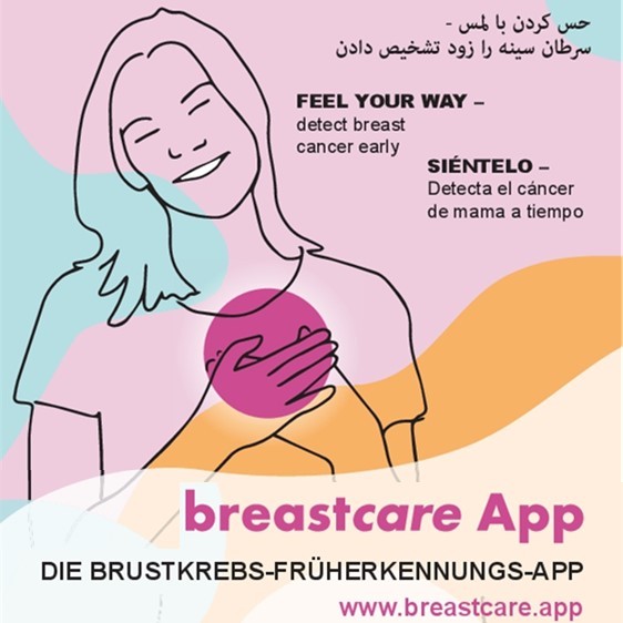 Die Titelseite des Flyers Breastcare App zeigt eine Frauengrafik. Die Frau fasst sich auf das Herz bzw. die Brust. Sie lächelt. Daneben gibt es den Titel des Flyers "Brustgesundheit"