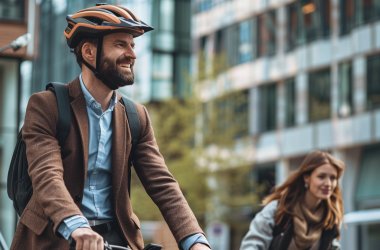 Zwei Personen fahren auf Fahrrädern auf dem Weg zur Arbeit. Im Vordergrund ein Mann mit Helm, im Hintergrund eine Frau.(KI-generiert)