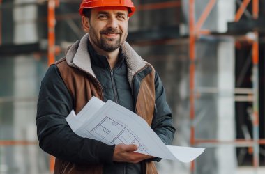 Ein Mann steht auf einer Baustelle, trägt einen roten Helm und eine braune Weste, hält einen Bauplan in der Hand und lächelt freundlich in die Kamera.(KI-generiert)