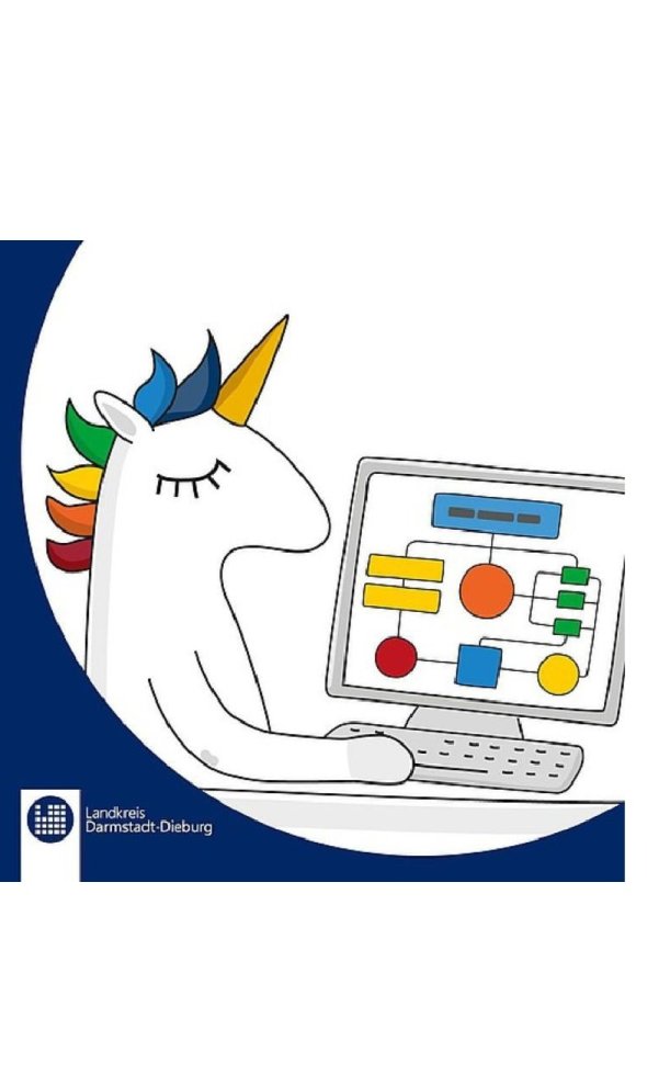 Ein Einhorn sitzt vor dem Notebook und plant eine Veranstaltung.