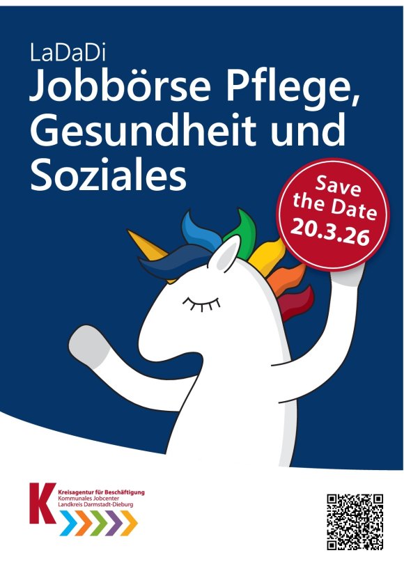 Die Vorderseite des Flyers zeigt ein Einhorn mit dem Datum der am 20.03.2026 stattfindenen Jobbörse Pflege, Gesundheit und Soziales des Landkreises Darmstadt-Dieburg.