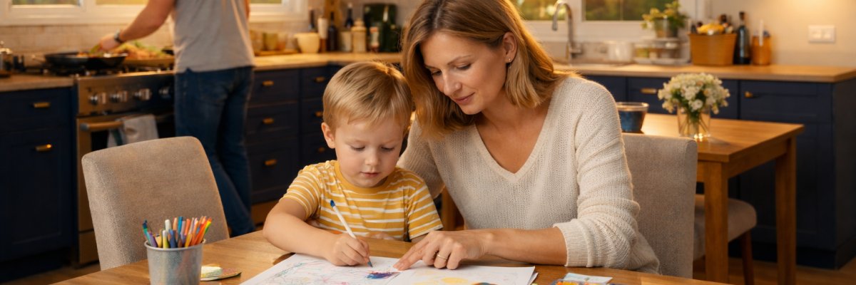 Gemeinsamer Familienabend, Mutter lernt mit Tochter, Kinder spielen und Vater kocht