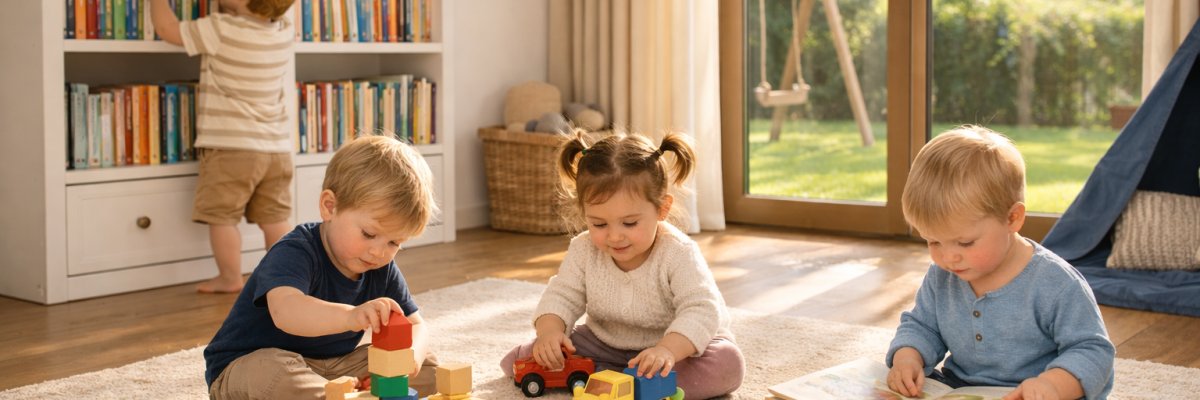 Spielende Kinder Tagesmutter liest Buch vor, alle anderen Kinder spielen.