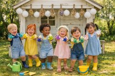 Kinder vor Spielhaus mit bunten Händen.
