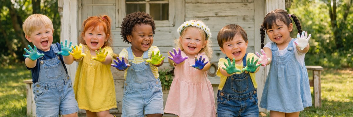 Kinder vor Spielhaus mit bunten Händen. Kinder vor Spielhaus mit bunten Händen.