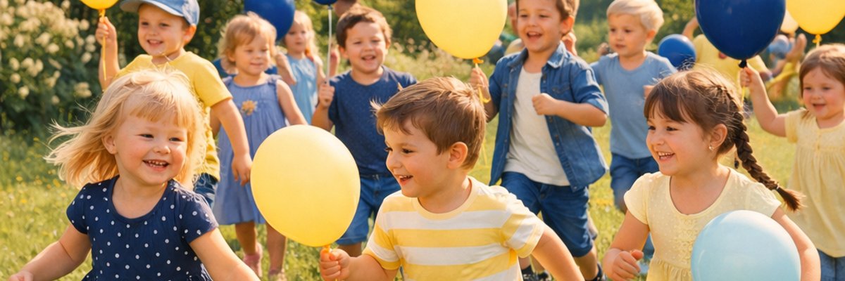 Zehn glücklich spielende Kinder mit bunten Luftballons auf einer Wiese.