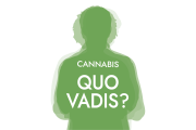 Grüne Silhouette einer stehenden Person mit den weißen Worten 'CANNABIS QUO VADIS?' auf dem Rücken