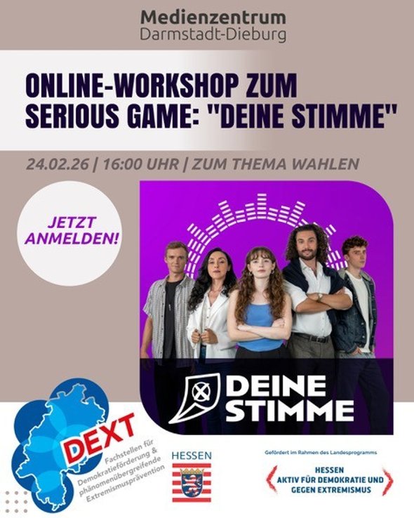 Fünf Personen stehen vor einem lila Hintergrund mit dem Schriftzug ‚DEINE STIMME‘ und einem stilisierten Schildsymbol  