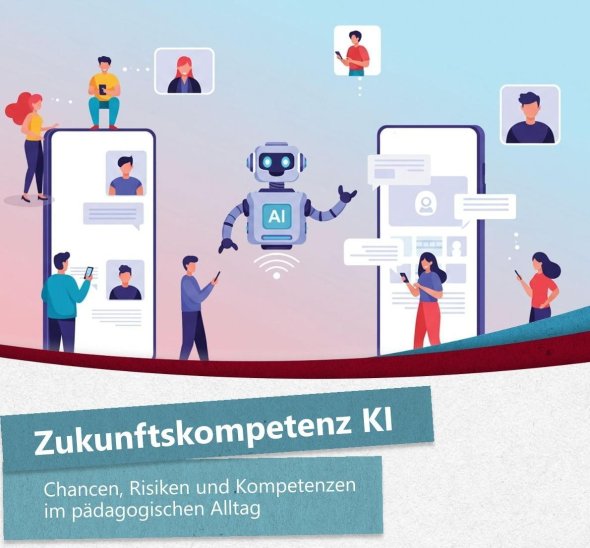 Illustration mit Menschen, die Smartphones und Tablets nutzen, sowie einem Roboter mit 'AI'-Schriftzug zwischen zwei großen Smartphone-Darstellungen