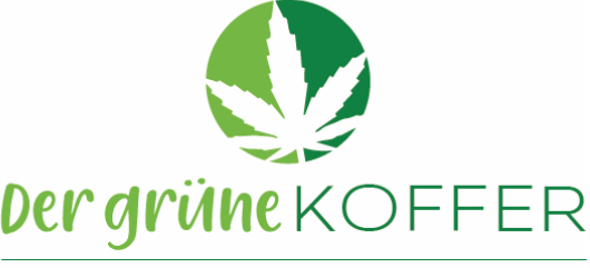 Grünes rundes Logo mit stilisiertem Hanfblatt und Schriftzug 'Der grüne KOFFER' darunter