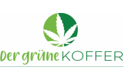 Grünes rundes Logo mit stilisiertem Hanfblatt und Schriftzug 'Der grüne KOFFER' darunter