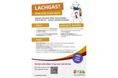 Infografik zum Thema Lachgas mit Warnhinweisen, Fakten, Folgen und Verbot ab 12. April 2026, inklusive QR-Code und Logo der Kinder- und Jugendförderung DaDi