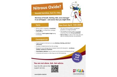 Infografik zum Thema Lachgas mit Warnhinweisen, Fakten, Folgen und Verbot ab 12. April 2026, inklusive QR-Code und Logo der Kinder- und Jugendförderung DaDi in englischer Sprache