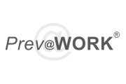 Schwarz-weißer Schriftzug 'PrevaWORK' mit einem großen '@' 