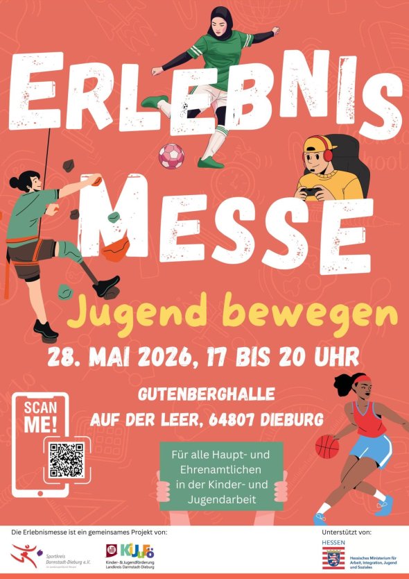 Plakat mit dem Titel 'Erlebnismesse' und dem Untertitel 'Jugend bewegen' mit Datum, Uhrzeit und Ort, dazu Illustrationen von drei Jugendlichen beim Fußball- und Basketballspielen sowie einem Skateboarder, ein QR-Code und weitere Veranstaltungsinformationen