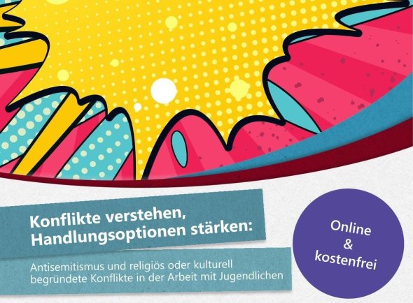 Bunte Comic-ähnliche Sprechblasen mit Text zu Konflikten und Handlungsoptionen sowie Hinweis auf Online- und kostenfreie Angebote