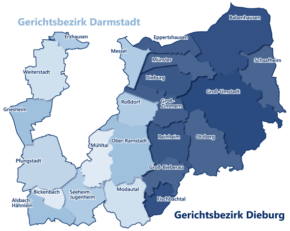 Zum Vergrößern bitte anklicken Bildliche Darstellung der Gerichtsbezirke Darmstadt und Dieburg.