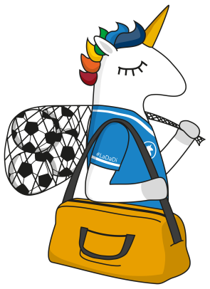 LaDaDi-Einhorn als Fußballer mit Ballnetz und Sporttasche