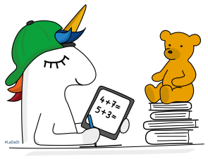 LaDaDi-Einhorn als Schulkind beim Rechnen