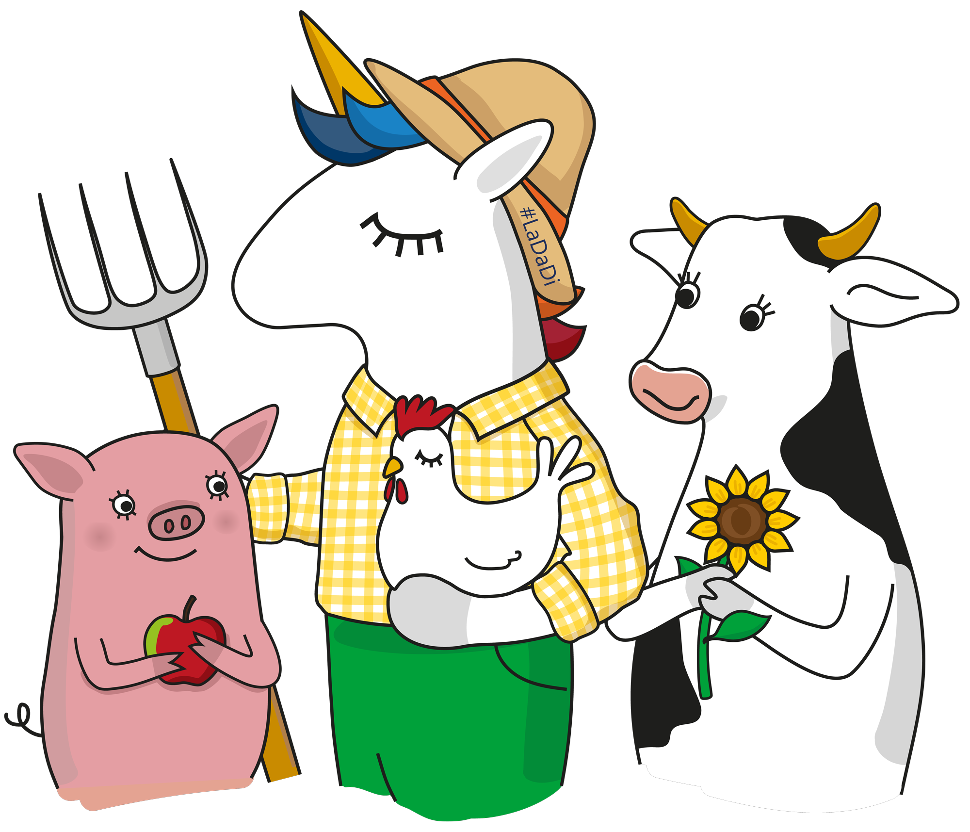LaDaDi-Einhorn als Landwirt von Bauernhoftieren umgeben