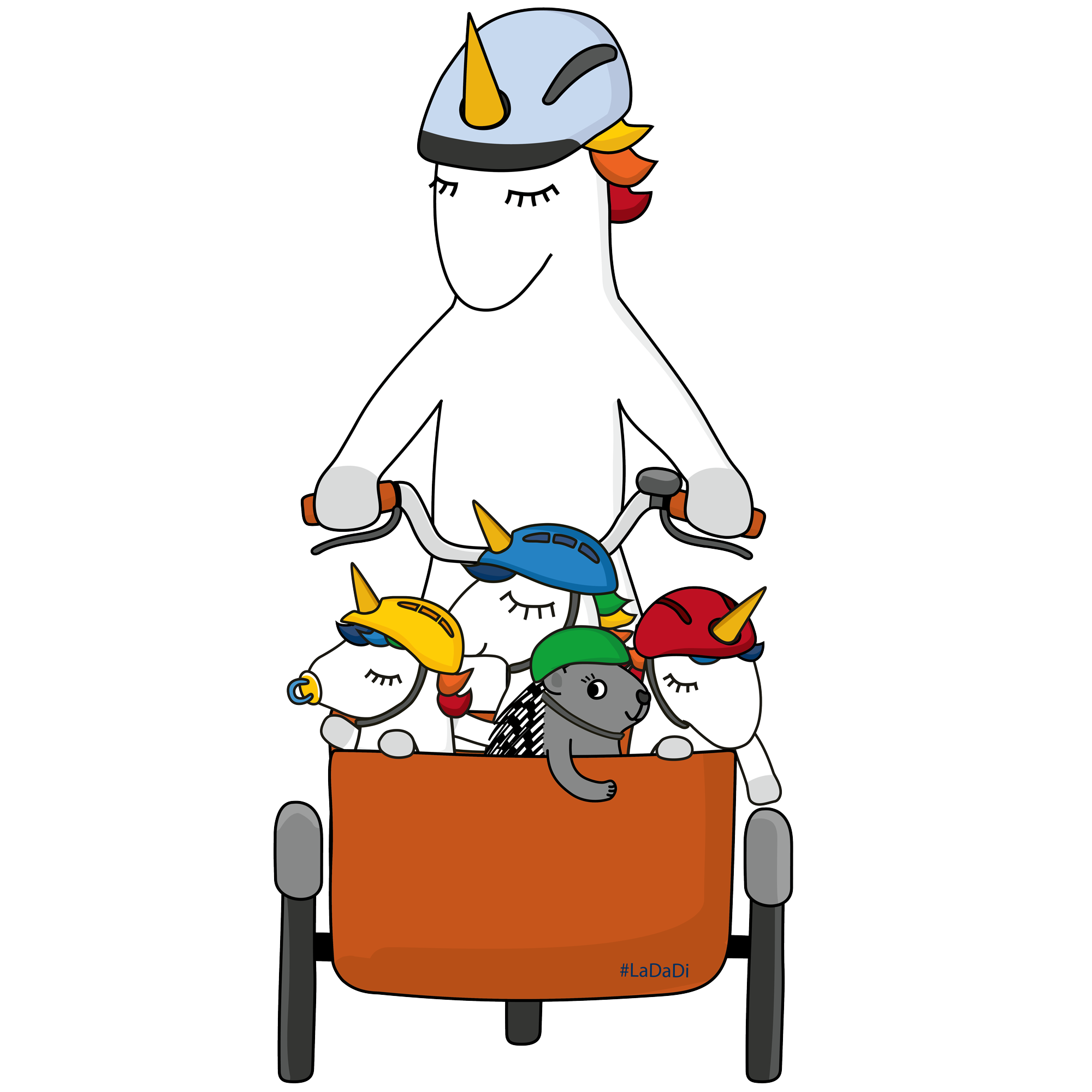 LaDaDi-Einhorn auf einem Lastenrad mit Kindern im Gepäck