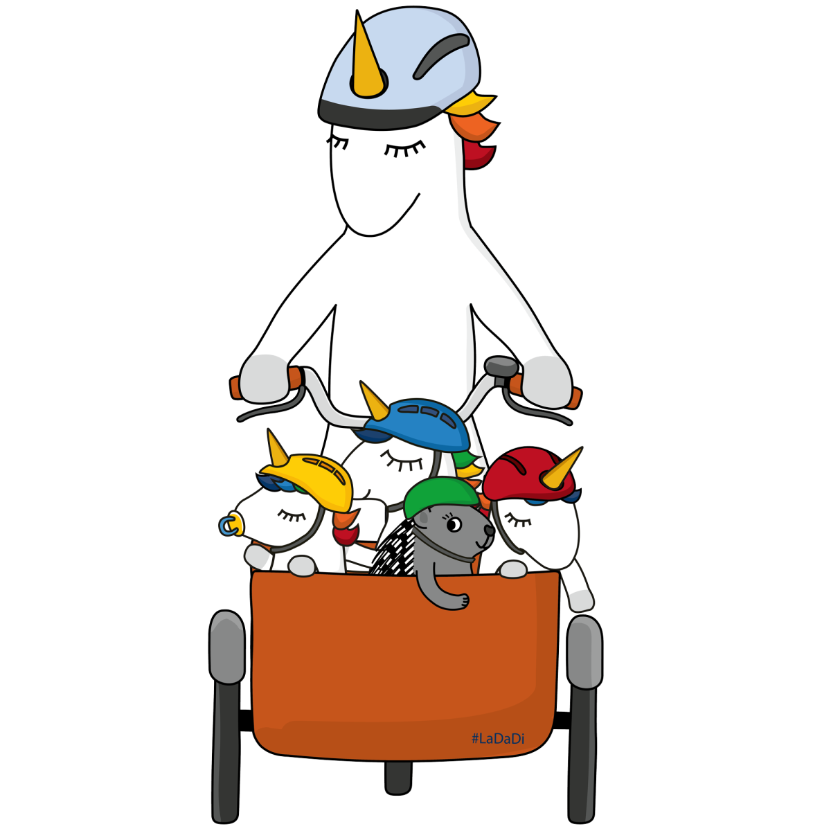 LaDaDi-Einhorn auf einem Lastenrad mit Kindern im Gepäck