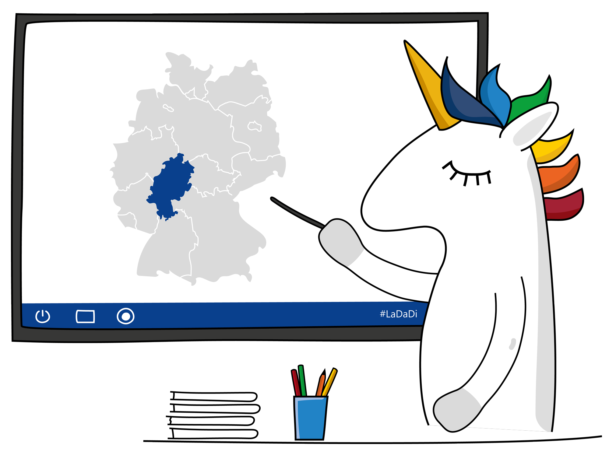 LaDaDi-Einhorn als Lehrer an digitaler Tafel