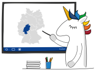 Einhorn an Tafel LaDaDi-Einhorn als Lehrer an digitaler Tafel