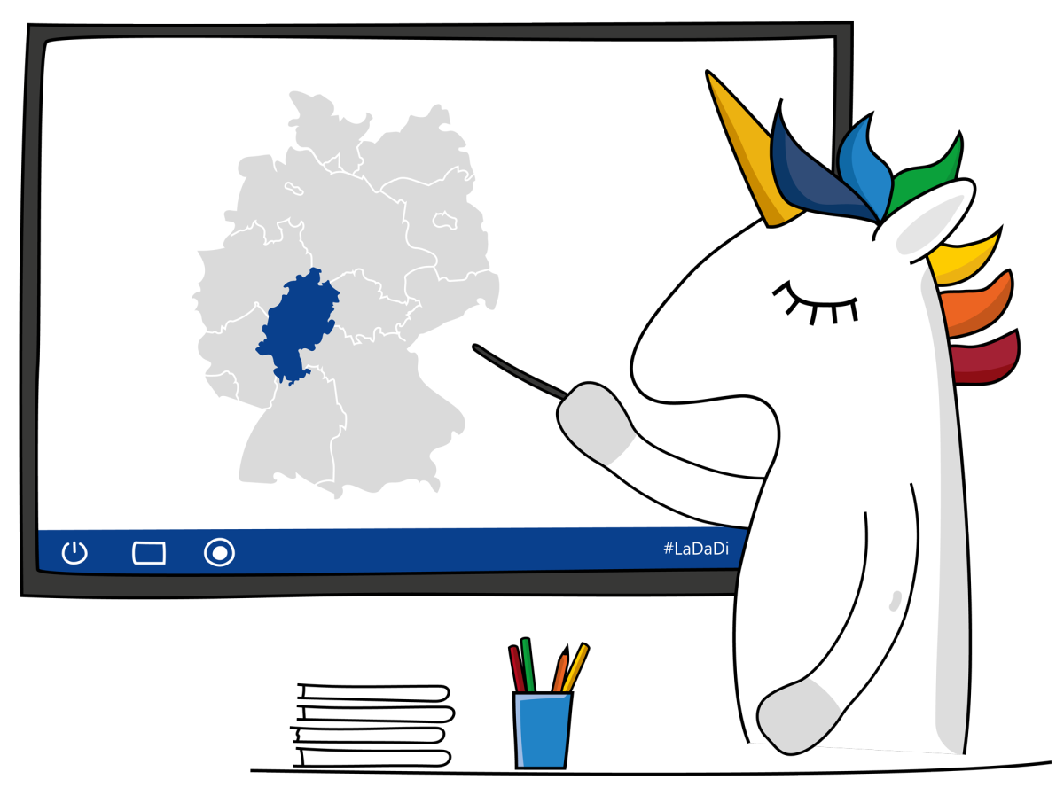 LaDaDi-Einhorn als Lehrer an digitaler Tafel