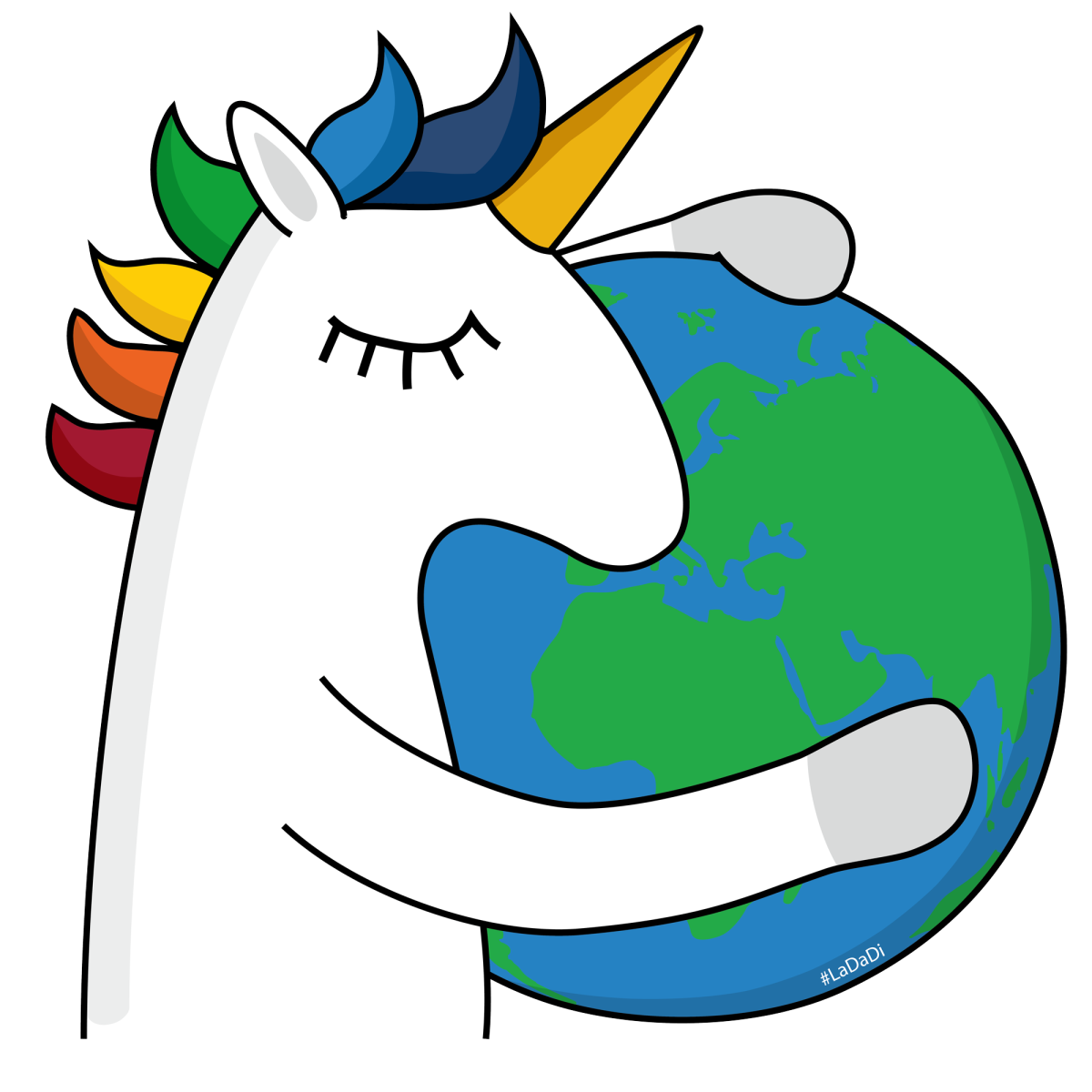 LaDaDi-Einhorn, das eine Weltkugel umarmt