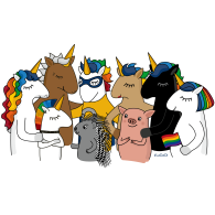 Eine Gruppe von LaDaDi-Einhörnern mit verschiedenen Tieren, die für eine multikulturelle Gesellschaft stehen.