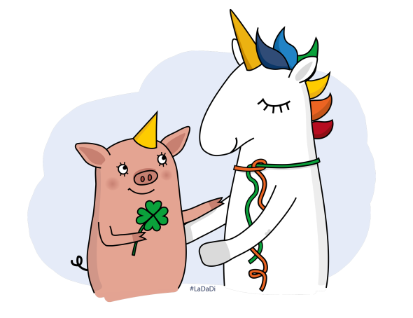 LaDaDi-Einhorn und Schweinchen feiern eine Party.