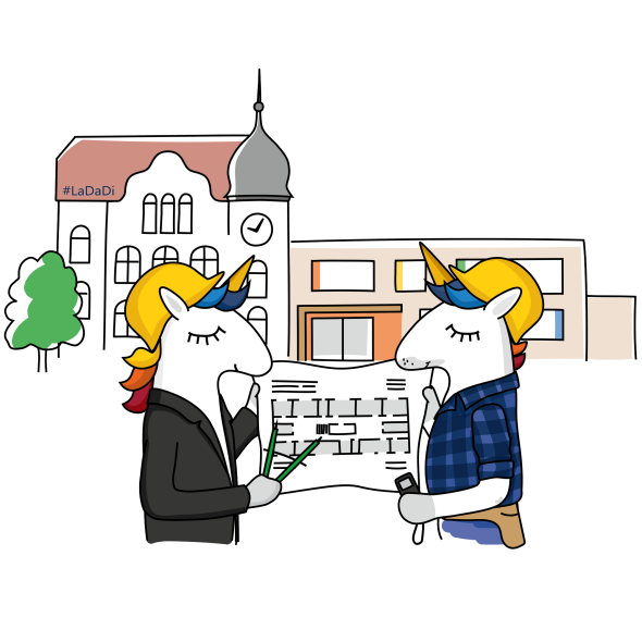 Zwei LaDaDi-Einhörner mit Bauplan