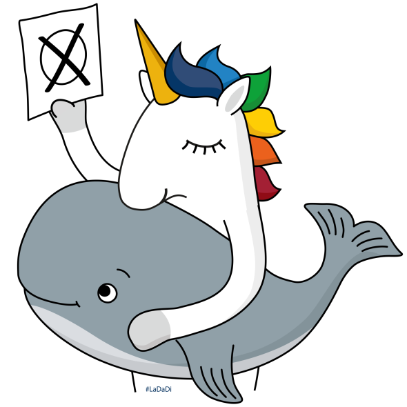 Ein Einhorn mit Wahlzettel und einem Wal