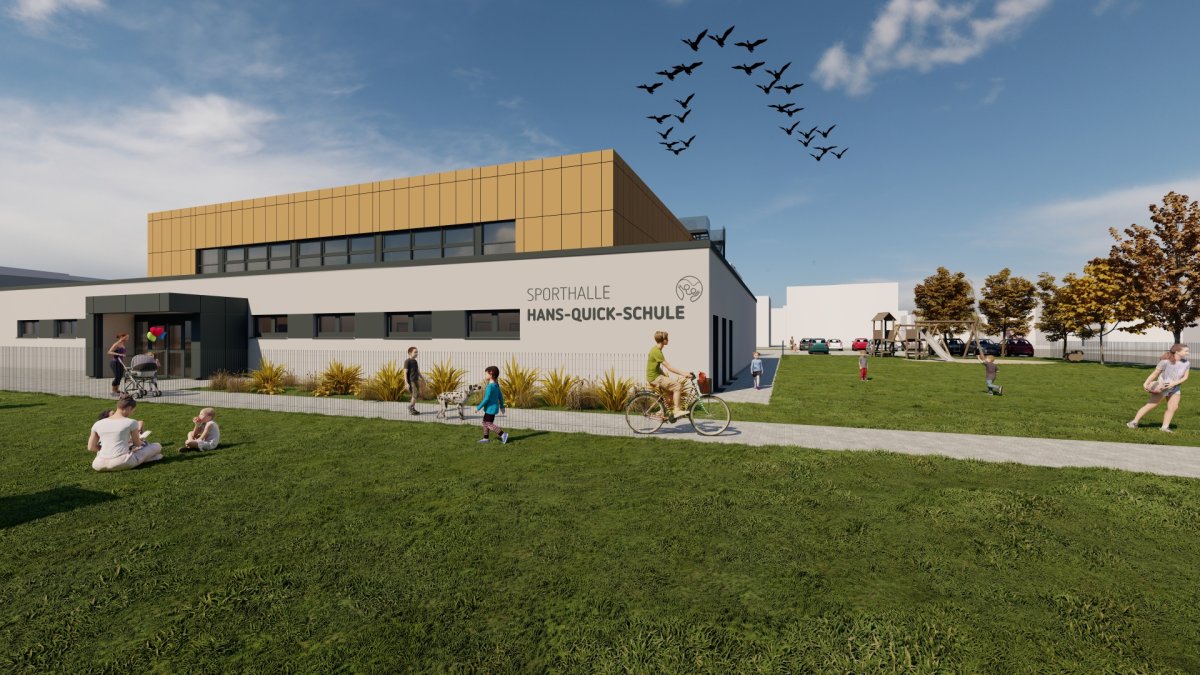 Hans-Quick-Schule Visualisierung Die neue Zweifeldsporthalle in Bickenbach von außen.