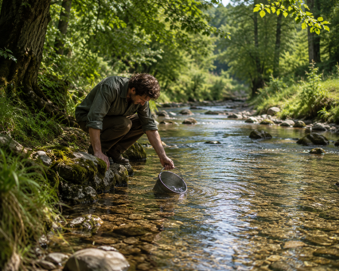 KI-generiert Bild: KI-generiert Wasserschöpfen an einem Fluss