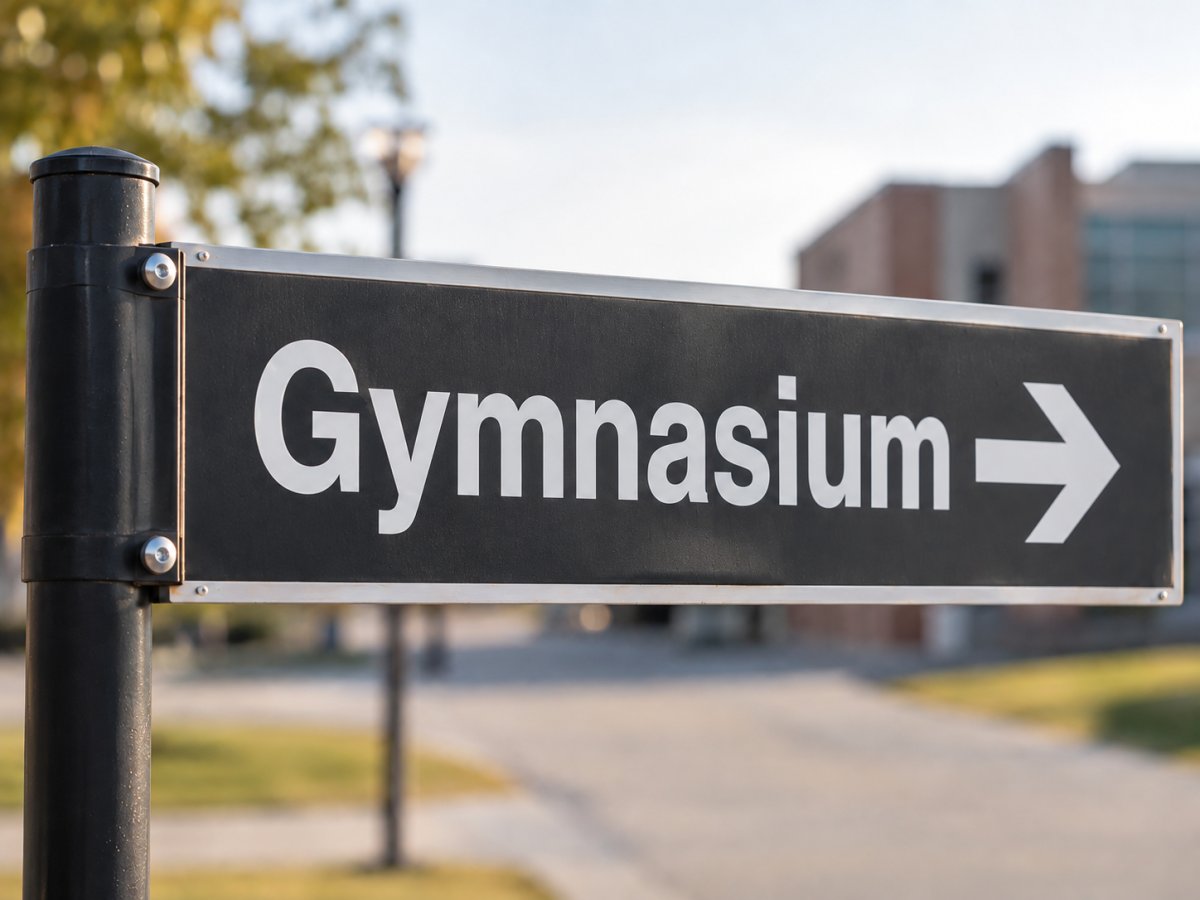 Neues Gymnasium Ein Hinweisschild in Richtung Gymnasium