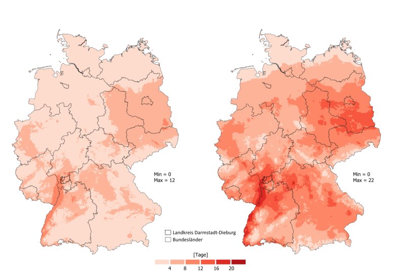 Angezeigt wird die gemittelte Anzahl an heißen Tagen in der klimatischen Referenzperiode 1961-1990 und 1991-2020. In beiden Bildern ist zu sehen, dass der Oberrheingraben im Südwesten Deutschlands und das norddeutsche Tiefland im Nordosten Deutschlans die meisten Hitzetage verzeichnen. Allerdings steigt die Anzahl an Hitzetagen in der früheren Referenzperiode von maximal 12 Tagen auf 21 Tage in der darauffolgenden Referenzperiode.  